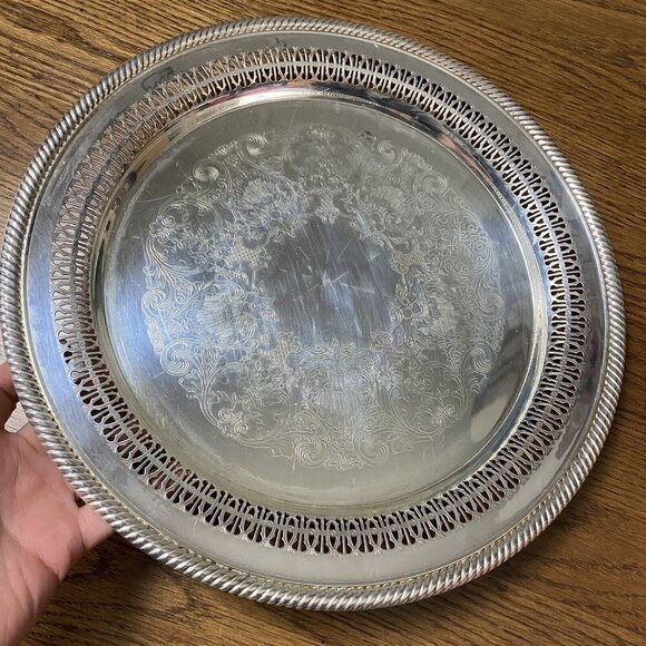 Wm ROGERS Silverplate Lazy Susan & Serving Gallery Tray Cocktail Bar Buffet - Picture 9 of 11